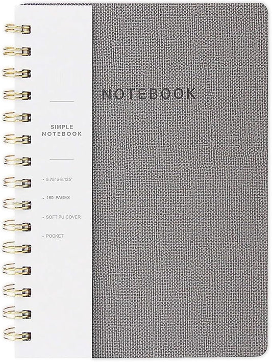 Spiral Notebook-5.75" x 8.125" College Ruled Journal with Inner Pockets and 160 Pages,PU Leather Cover Business Journal, Twin-Wire Binding Notebook Perfect for Office & Home School Supplies Grey
