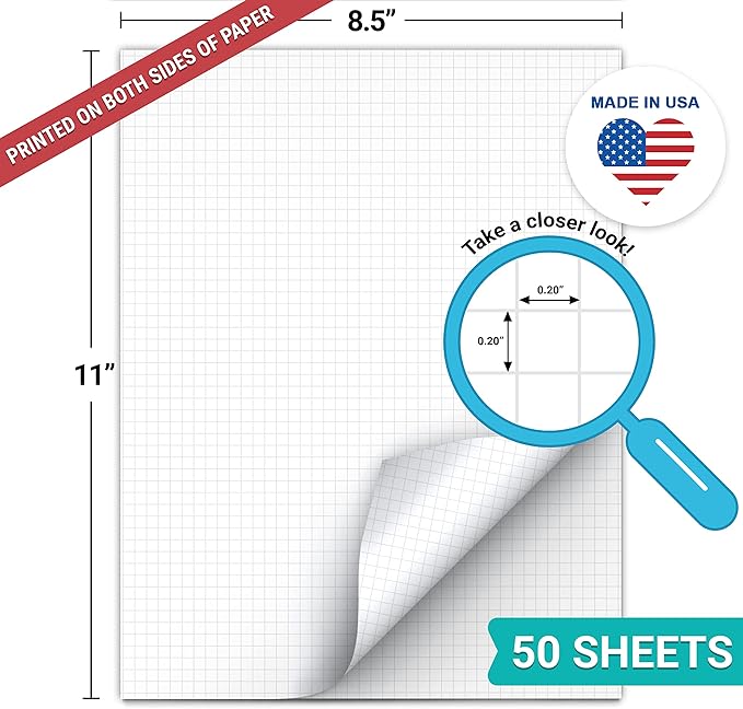 321Done Double Sided Graph Paper Notepad, 0.20 Grid, 8.5x11, Made in the USA, Quad Ruled Pad for Writing, Drawing, Sketching, Journaling, Planning (50 Sheets) Thick Paper, Squares on Both Sides