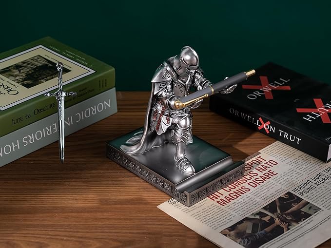 HDMbigmi King's Guard Leader Cloak Warrior Knight Pen Holder Mobile Phone Stand, Ornament Knight Statue, Pen Stand Paperweight for Office and Home (Silver)