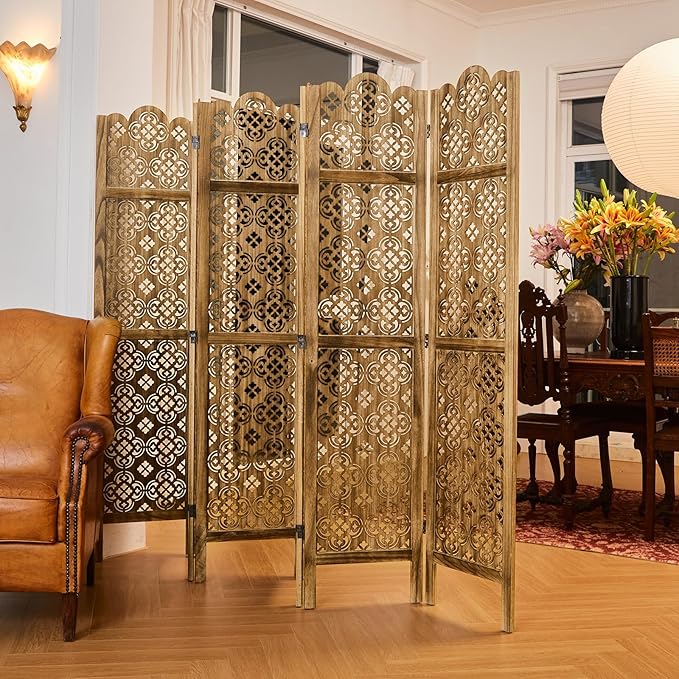 68.9Inch Folding Room Divider, 6 Panels Wood Carved Privacy Screens, Free Assembled Privacy Screen Decorative Partition for Home Office Restaurant (Dark Brown)