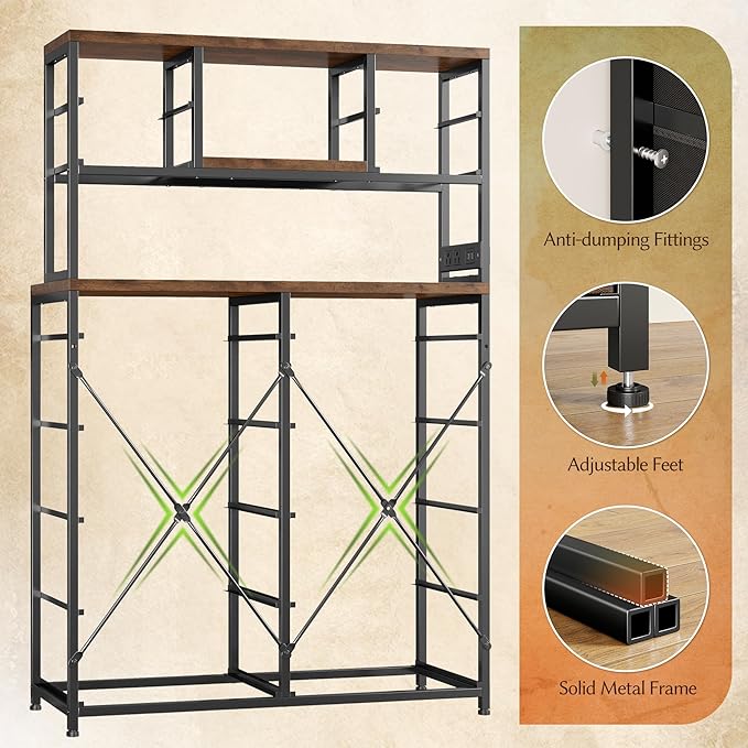 EnHomee 62.8" H Dresser for Bedroom with Multiple Drawers,Fabric Dresser with Charging Station and LED Lights,Dressers & Chests of Drawers for Bedroom, Steel Frame & Wooden Top,Rustic Brown