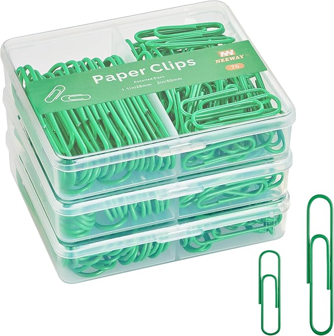 NEEWAY Colorful Paper Clips Assorted Sizes, Small and Large Paperclips, 210 Count, 3 Pack of 70 (Green)