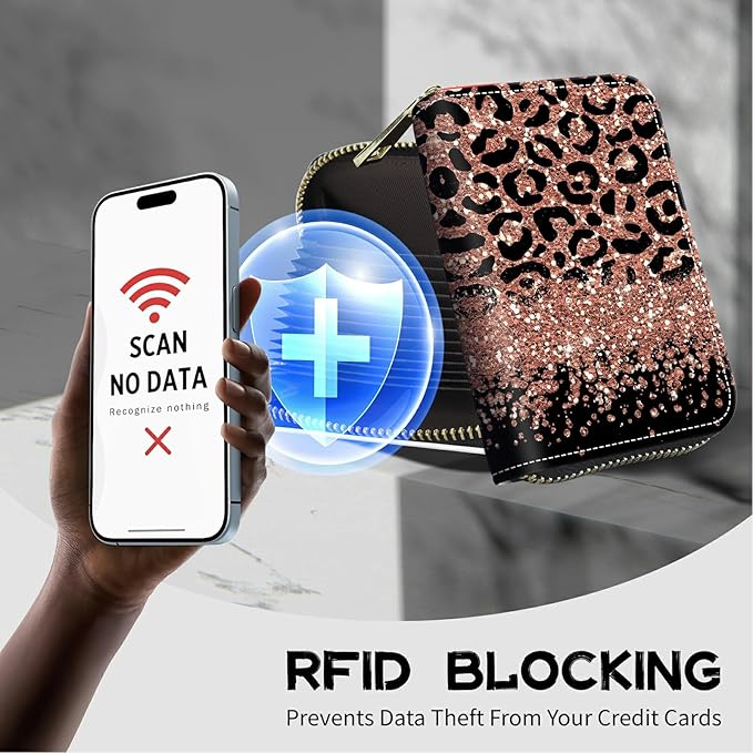 BWEGRHE Cute Credit Card Holder with Zipper, Leopard Glitter RFID-Blocking Card Case Small Wallet for Women Men, Multi-slot Card Organizer Case Travel Accordion Wallet