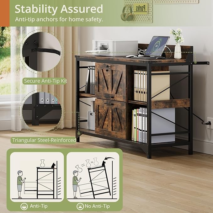 AesthLife 44" File Cabinet for Home Office, Wood Filing Credenza with Built-In Power Outlet, 2 Drawer File Cabinet with Lock, 4 Open Shelves, Metal Shelf, Adjustable Drawer fit to Legal/Letter/A4 Size