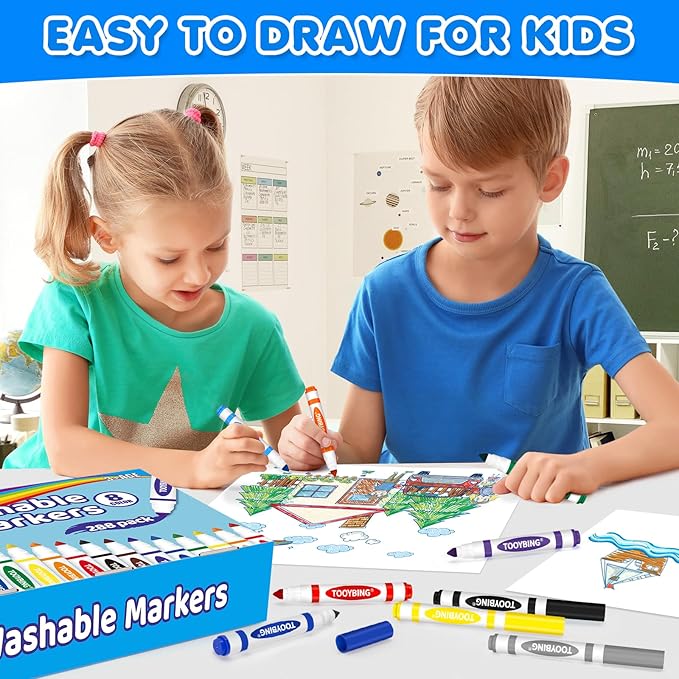 TooyBing Washable Markers Bulk (288 Count), 8 Assorted Colors, Washable Markers for Kids Classroom School, Broad Tip Durable for Back to Classroom Art School Supplies Essentials