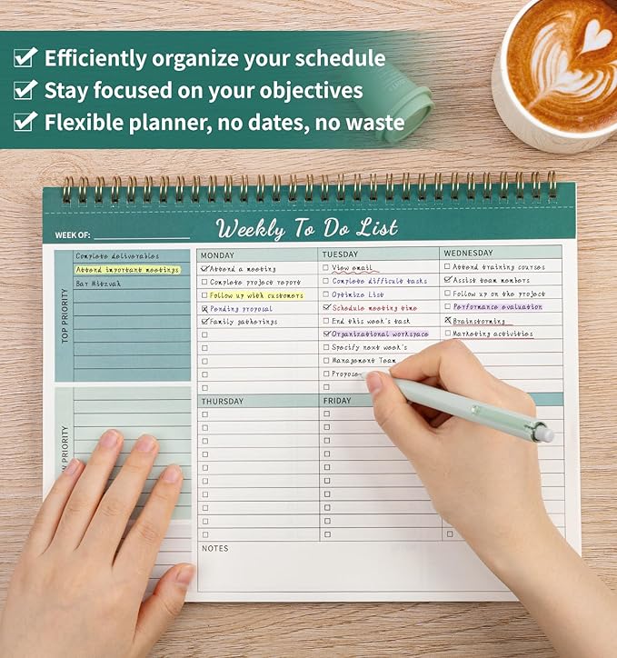 ALKALO 104 Pgs Weekly To Do List Notepad, 52 Duplex-Printed Undated Sheets 100 GSM（8.5"×11") Weekly Desk Planner For Work Home School Office Desk Accessories Supplies & Goal Setting Tasks - Green
