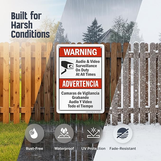 SmartSign "Warning - Audio & Video Surveillance On Duty At All Times" Bilingual Sign | 7" x 10" Aluminum