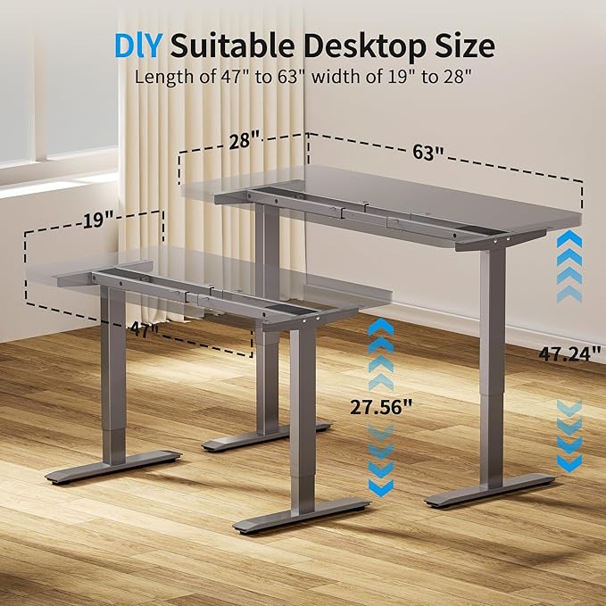 BIZUM Dual Motor Electric Standing Desk Frame with Memory Controller, Computer Memory Desk Adjustable Table Legs Up to 47.2" for Home and Office, Metallic Silver