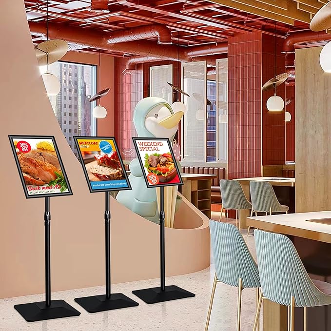 VAIIGO 3 Packs Heavy Duty Pedestal Poster Sign Stand, 8.5"x11" Adjustable Floor Standing Sign Holder with 6.6Lbs Solid Steel Base for Vertical and Horizontal View Sign Displayed Stands, Black