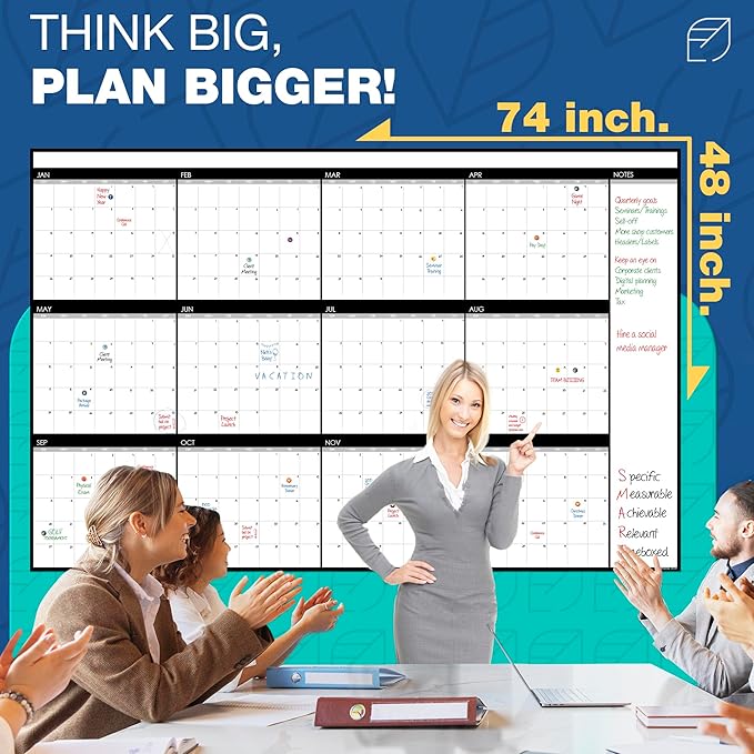 Large Dry Erase Calendar for Wall, 48" x 74" - Undated, Yearly, Reusable - Full 12 Month Year - Includes Markers, Eraser & Accessories