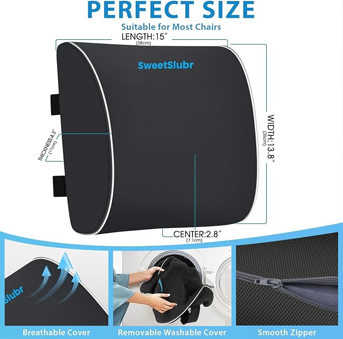 SweetSlubr Large Lumbar Support Pillow for Office Chair, Car Seats and Home Desks, Ergonomic Back Support with Double Adjustable Straps, Machine Washable Cover, Grey