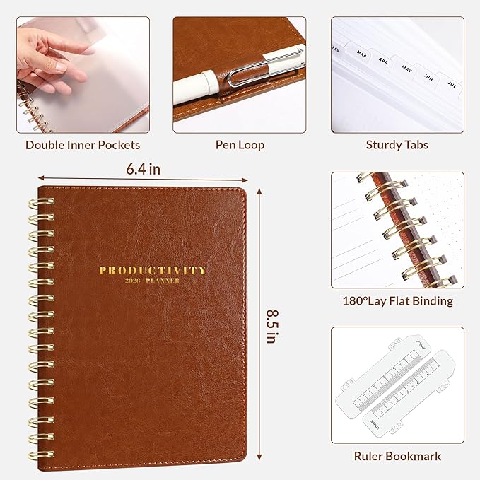 SUNEE 2026 Planner 5.9" x 8.3" – Dated Productivity Planner for Time Management - Daily,Weekly & Monthly Planner to Achieve Goals - Planner 2026 dated from January 2026 – December 2026,Brown
