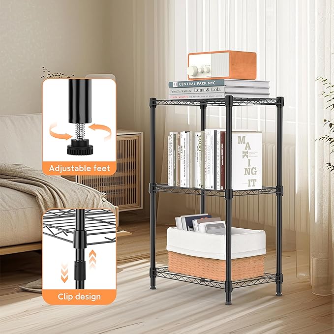 M MZG 3 Tiers Shelf Metal Storage Shelves Wire Rack Closet Organizers with Wheel for Garage Kitchen Bathroom Laundry Black 11.8" D x 17.7" W x 28.8" H
