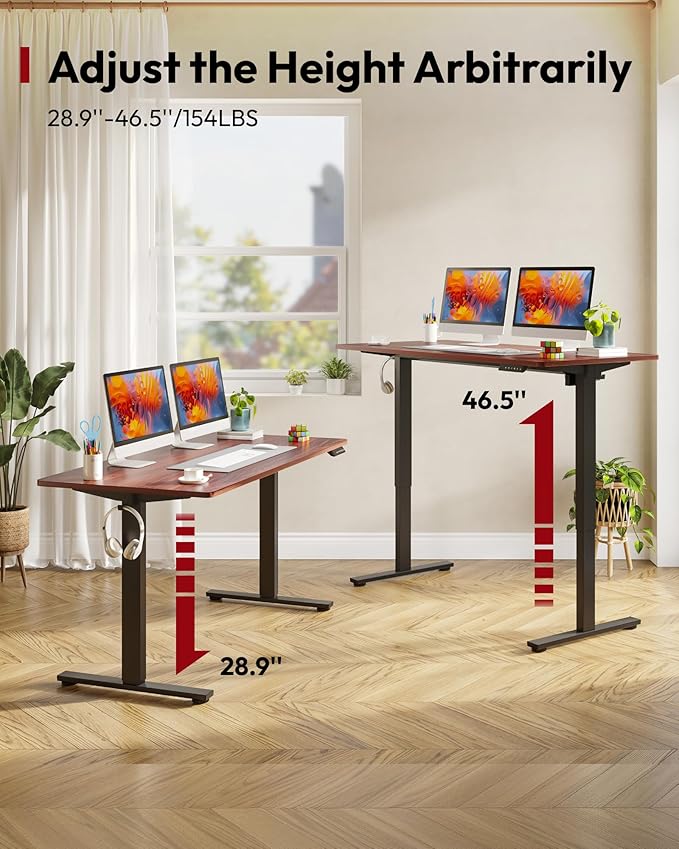 SANODESK Electric Standing Desk 55 x 28 Inches Whole-Piece Desktop Height Adjustable Stand Up Desk w/6-Button Controller Ergonomic Computer Desk for Home Office, Black Frame + Mahogany Tabletop