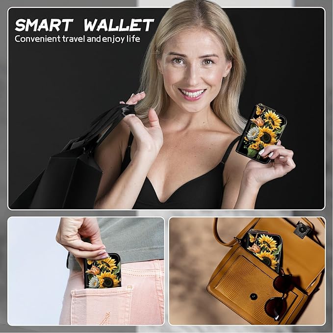 BWEGRHE Cute Credit Card Holder with Zipper, Sunflowers Butterfly RFID-Blocking Card Case Small Wallet for Women Men, Multi-slot Card Organizer Case Travel Accordion Wallet