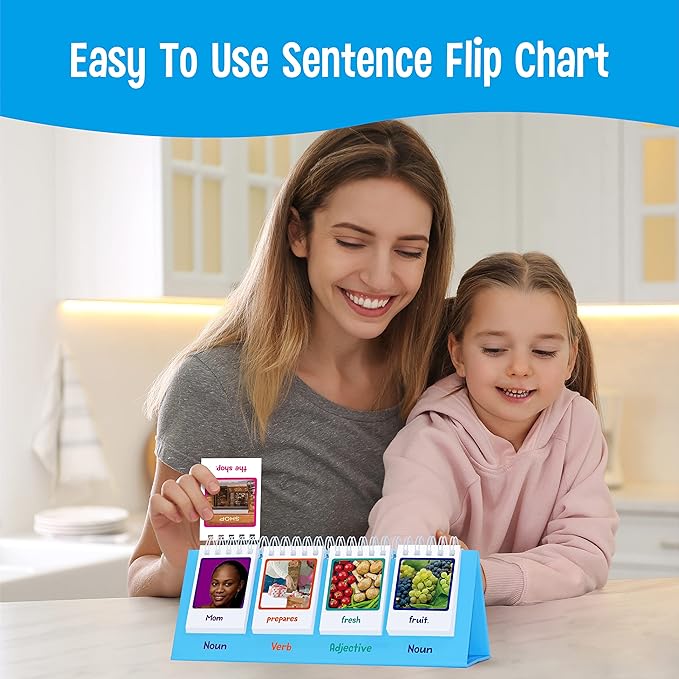 Sentence Flip Charts, 80 Double Sided Cards in Noun/Verb/Adjective/Preposition 40 New Sentence Building Freestanding Flip Chart Educational Learning Tool for School Supplies