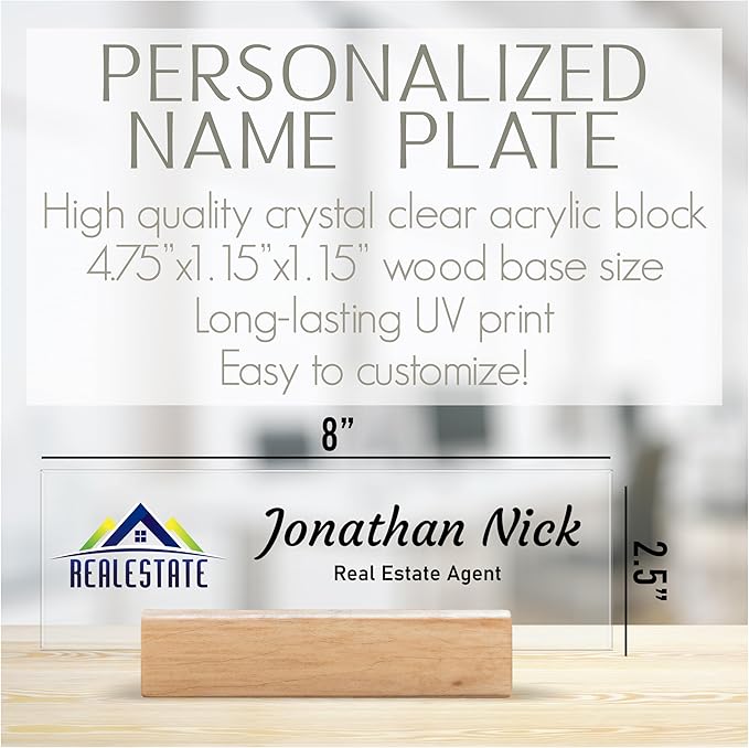 Custom Business Logo Desk Name Plate with Wooden Base - 28 Backgrounds - Custom Name Plate for Desk, Office Decor, Teacher Appreciation Gifts