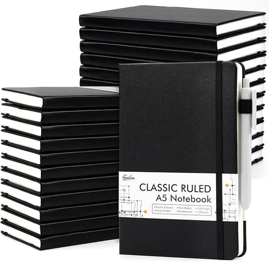 24 Pack Journal Notebook for Work, Feela Business Notebook Bulk Hardcover Lined Writing Journal with Pen Holder for Men Women Note Taking, with 24 Black Pens, 120 GSM, 5.1”x8.3”, A5, Black