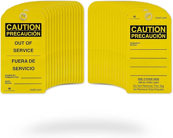 TRADESAFE Bilingual Out of Service Tags, Fuera de Servicio - 30 Yellow Caution Sign with 30 Cable Ties, Durable 32 mil Vinyl, Caution Tags for Equipment Repair or Service, Accident Prevention