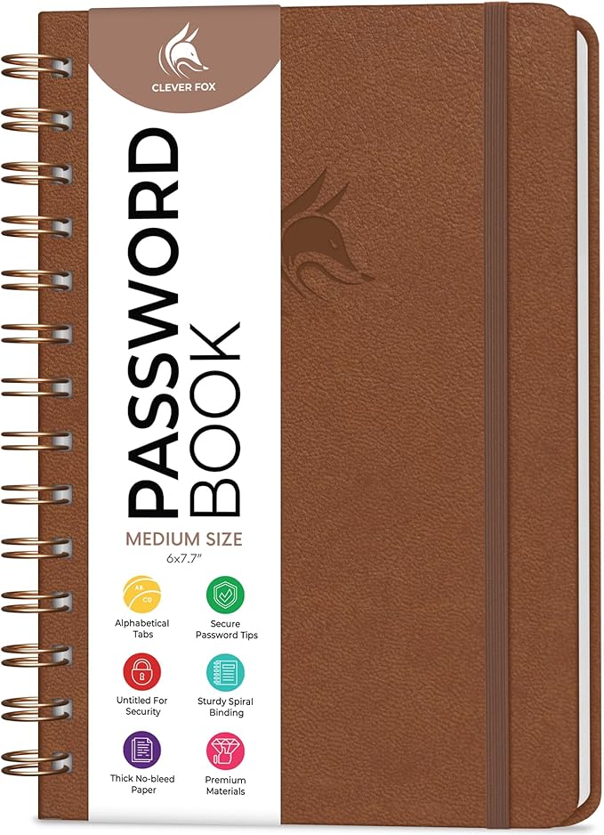Clever Fox Password Book Spiral – Internet Address & Password Organizer with Laminated Alphabetical Tabs – Password Keeper Journal – Hardcover, Medium Size, 6.1x7.7” (Brown)