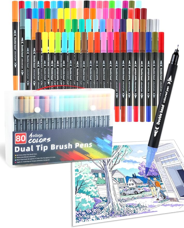 AEDAGA 80 Colors Dual Tip Brush Pens, Fine Felt Tip and Brush Tips Colored Pens for Adults, Coloring Markers for Coloring Book Bullet Journaling Note Taking Hand Lettering