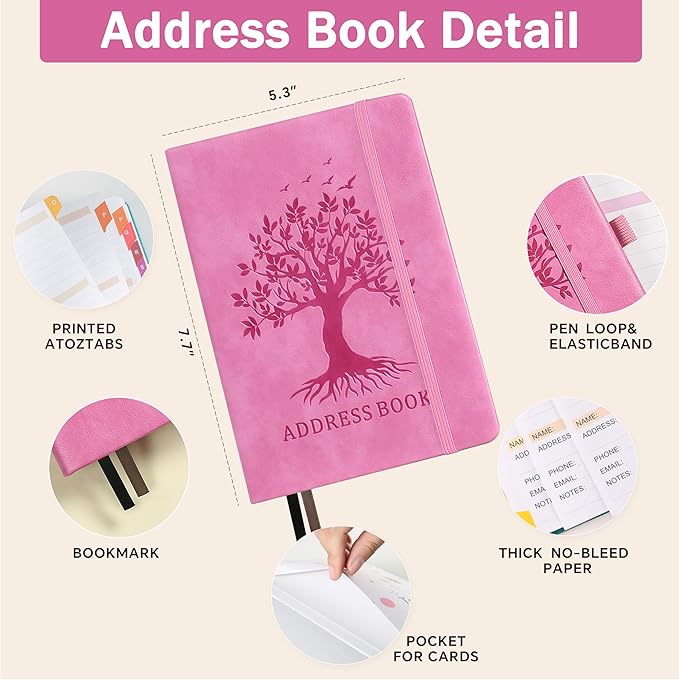 Address Book with Colorful Alphabetical Tabs (8.4" x 5.8") - Hardcover Telephone and Contact Organizer, with Space for Important Website Passwords and Software Licenses - Pink