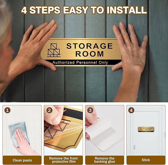 Storage Room Sign for Business Door, Self-Adhesive Durable Modern Brushed Gold Storage Sign, UV and Weather Resistant Authorized Personnel Only Sticker for Home, Business, Restaurants, Private Area