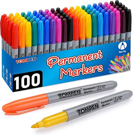 TOMPEN Permanent Markers Fine Tip 100 Pack Bulk,10 Assorted Colors,Waterproof Permanent Marker with Quick Drying on Valentine's Day card,Wood,Plastic,Paper,Metal,Mirror for Office School Classroom