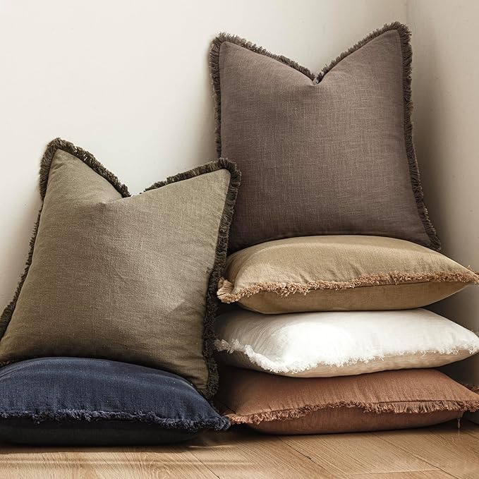 Foindtower Set of 2 Decorative Linen Fringe Lumbar Throw Pillow Covers Boho Farmhouse Cushion Cover with Tassels Accent Pillowcase for Couch Sofa Bed Living Room Home Decor,12×24 Inch,Light Coffee