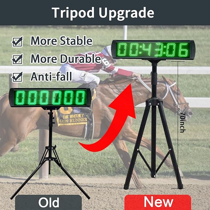 Large LED Display Digital Race Timer with Battery,Function-Countdown/Up/Time Clock, Remote Control, Tripod Stand and Adjustable Brightness for Sports Events, Races, Meetings, Presentations