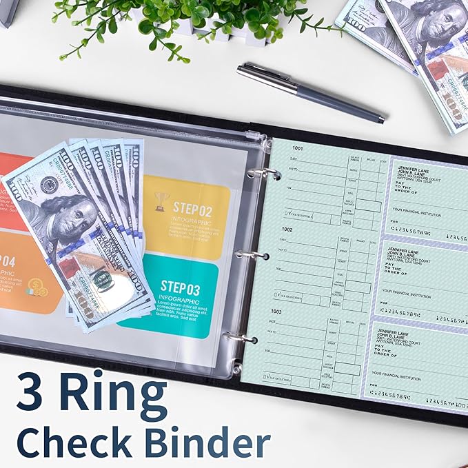 Antner 3 Ring Personal Check Binder for 3-on-a-Page End-Stub Deskbook & Personal 3 Holes or 9 Holes Small Size Checks, PU Leather Check Holder Checkbook Binder Cover with Zipper Pouch, Navy Blue