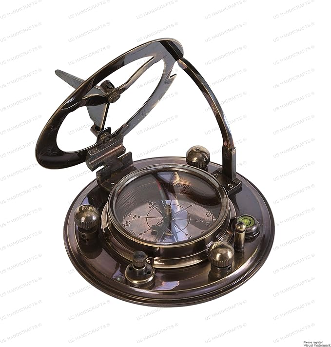 US HANDICRAFTS Vintage Brass Sundial Compass – Engraved Navigation Instrument with Wooden Case & Calendar – Baptism Gift for Son, Loved Ones, Camping & Hiking