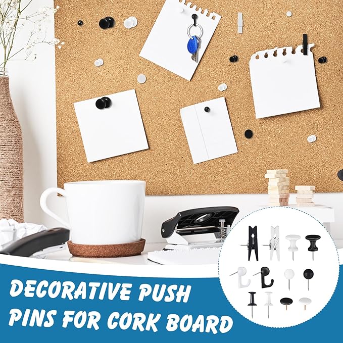 600 Pcs Decorative Push Pins, Black White Thumb Tacks 6 Types Cute Push Pin Clips for Bulletin Board Wall Cork Board Colorful Classroom Decor Teacher Must Haves Supplies School Crafts Project