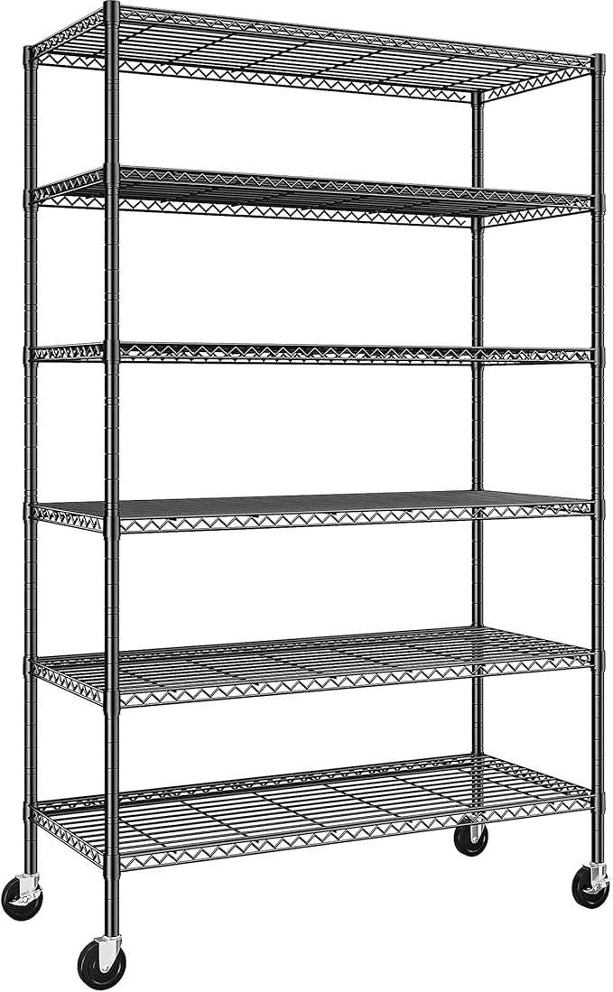 Romorgniz 82" H X45 W X18 D Storage Shelves with Wheels, 6 Tier Wire Shelving Adjustable Metal Shelving Pantry Shelves Capacity 1200LBS for Garage Shelving, Pantry, Kitchen, Closet, Commercial, Black