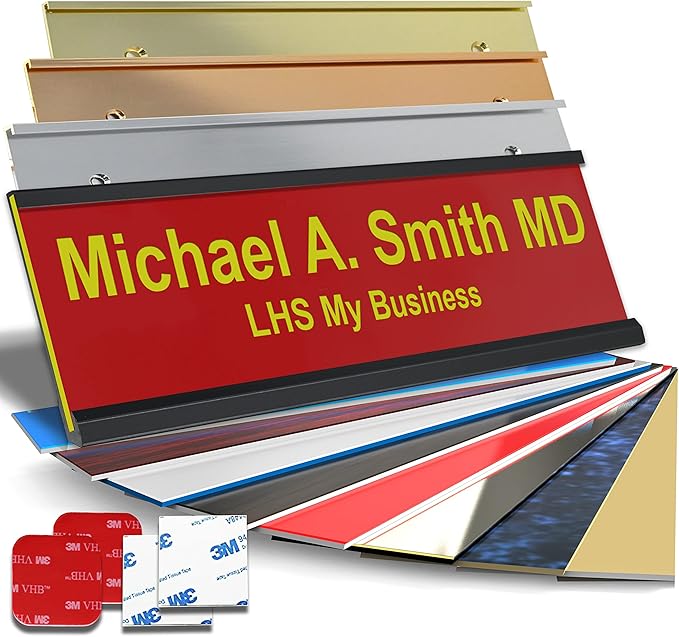 Custom Name Plate with Choice of Mounting for Walls, Doors, Desk Holders, Cubicles, Hanging and More - Personalized Red Plastic Yellow Letters - USA Made 2x8 - B22