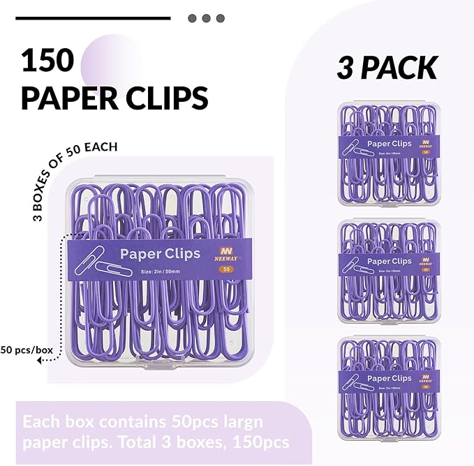 NEEWAY Colorful Large Paper Clips, 2 Inch Jumbo Paper Clips, 150 Count, 3 Pack of 50 (Purple)