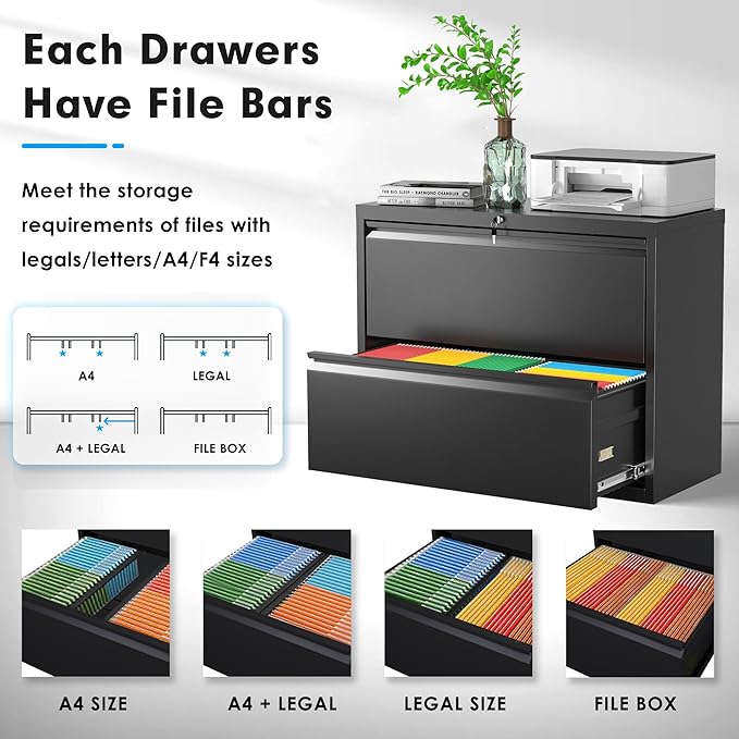 Pataku Lateral File Cabinet, 2 Drawer File Cabinet with Lock, Black Filing Cabinets for Home Office, Metal File Cabinet for Hanging Files/Letters/Legal/F4/A4(2Drawer/Black)
