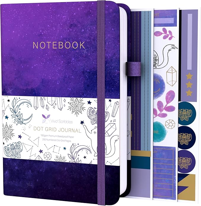 VIVID SCRIBBLES Dotted Journal – 160gsm Bleed Proof Thick White Paper – 200 Numbered Dot Grid Pages – 5.8 x 8.3 inch Dotted Notebook