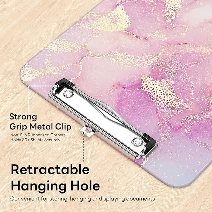Luminzo Plastic Cute Clipboard Low-Profile Metal Clip, A4 Letter Size 9 x 12.5 in, 8.5 x 11 Paper Clip Board for Teachers, Nurses, Classroom,Pink Gold Marble
