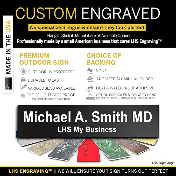 Personalized Name Plate with Choice of Mounting Holders for Walls, Doors, Cubicles, Hanging and More - Custom Black Plastic White Letters - USA Made 2x6 - B2