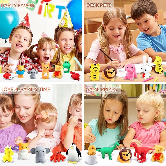 URSKYTOUS 60Pcs Animal Erasers Kids Desk Pets Pencil Erasers 3D Puzzle Bulk Mini Animal Eraser Toys Fun Cute Eraser for Classroom Rewards, Game Prizes, Treasure Box, Easter Egg Fillers