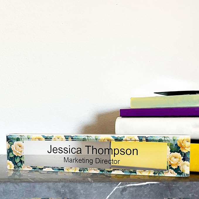 Signs ByLITA Floral Pattern Customized Nameplate | Golden Rose Personalized Full Color Acrylic Desk Sign