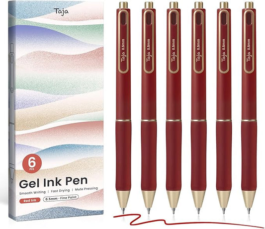 Taja Gel Pens, 6 Pcs Quick Dry Red Gel Ink Pens, 0.5mm Fine Point Smooth Writing Pens for Journaling and Note Taking, Cute Aesthetic Pens for Women & Men-Red Ink