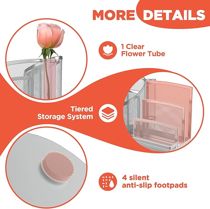 OrgMate 3 Compartment Pen Holder with Vertical Mail Organizer and Flower Tube, Metal Mesh Desk Organizer Modern Decor Aesthetic-Paper Letter Sorter Ideal for Pencil,Envelope and File(Silver)