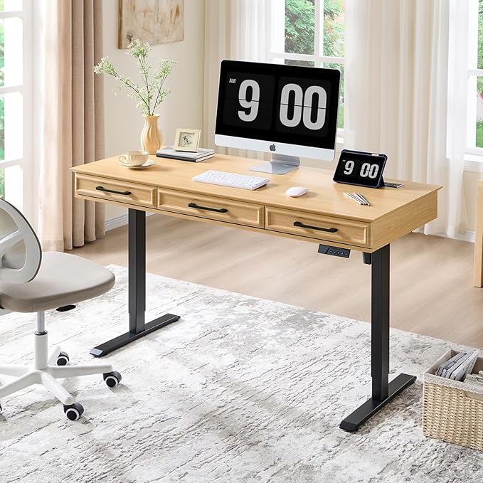 wow97e Electric Standing Desk with 3 Storage Drawers, 55x22 Inch Adjustable Height Office Computer Desk w/One-Piece Desktop & Power Outlets,Sit to Stand Up,Gaming Table for Study and Home, Natural Oak