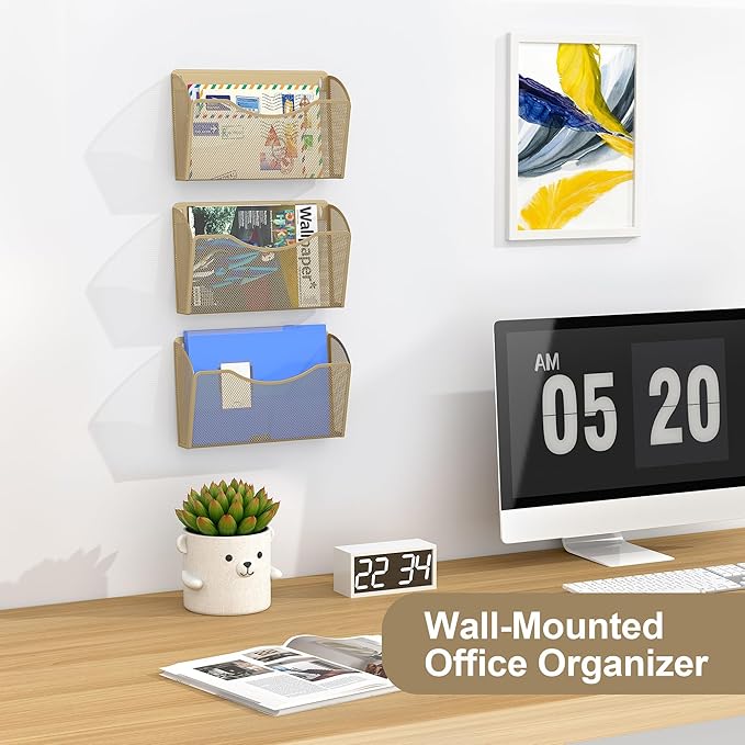 EasyPAG 3 Single Pocket Wall File Organizer, Mesh Hanging File Folder Organizer for Letter/A4 Size Folders, Wall Mounted Vertical Mail Holder for Paperwork, Office, Home, School, Gold