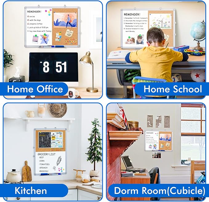 Magnetic White Board and Cork Board Combo, 24 X 18 inches Whiteboard Bulletin Combination Board, Wall Mounted Dry Erase Message Board for Home, School and Office