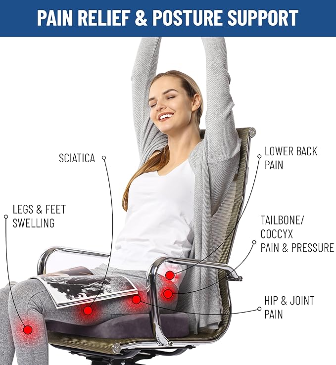Everlasting Comfort Doctor Recommended Memory Foam Seat Cushion for Office Chairs & Car - Ergonomic Office Desk Accessories - Cushions for Tailbone Pain Relief, Sciatica (Gray, Large)