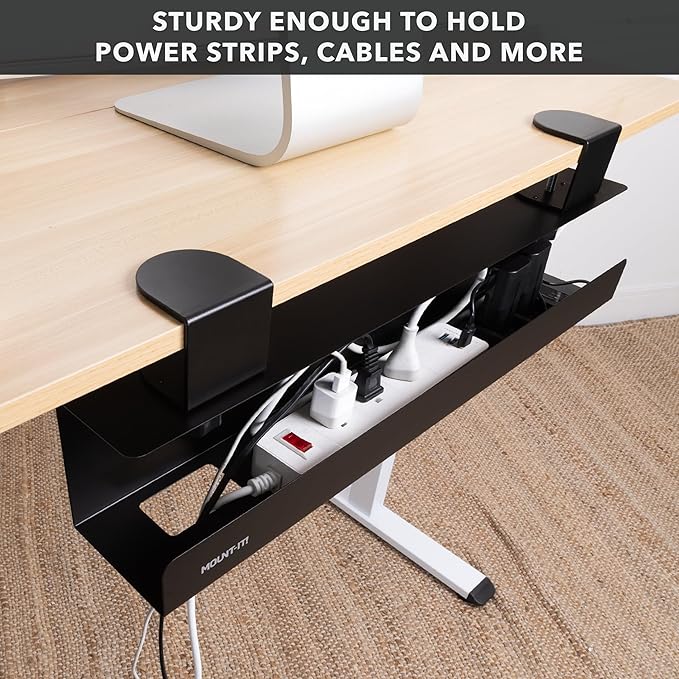 Mount-It! Under Desk Cable Management Tray – Clamp-On No-Drill Metal Cable Management Tray for Desk & Standing Desk, Wire & Cord Organizer for Power Strips, Glass Desks – 23.6” Black