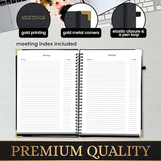 Meeting Notebook Set for Work – 3 Piece PU Leather Business Notebook with Pen & Card Holder, Professional Planner 7”x10”, Black with Gold Corners